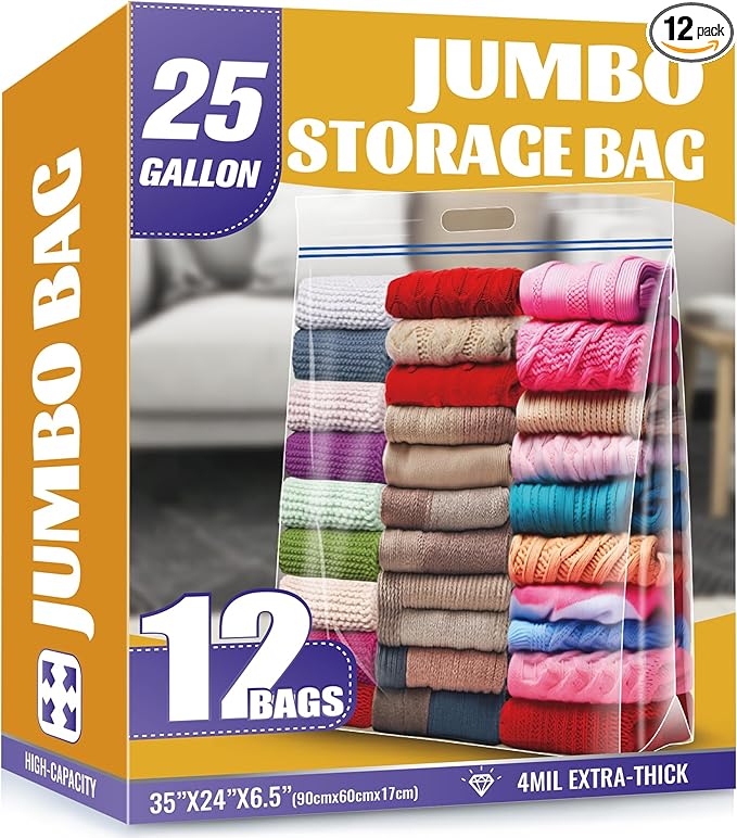 25 Gallon Jumbo Storage Bags, 35" x 24" Clear Plastic Zipper Bags with Handles, Extra Heavy Duty Large XL for Travel, Moving, Clothing, 12 Packs