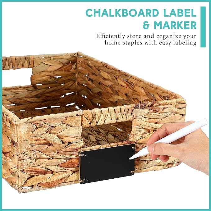Nitial Wicker Storage Basket, Rectangular Water Hyacinth Storage Basket for Shelving, Foldable Woven Pantry Organizer with Chalkboard Label and Chalk Marker(16 x 12 x 5 Inch,Natural)