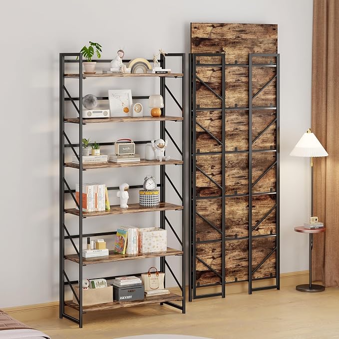JSB 6 Tier No Assembly Folding Bookshelf, 30.7" Wide Foldable Storage Bookcase for Home Office, Space-Saving Storage Shelf for Living Room (Fire Brown)