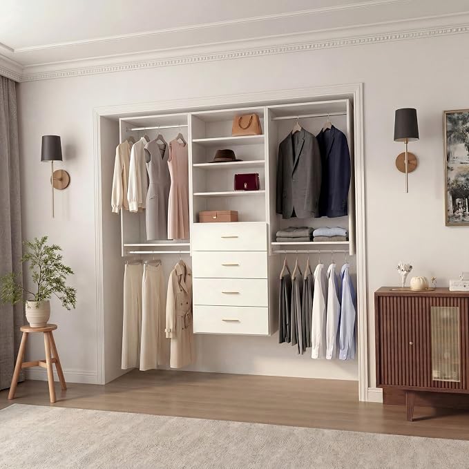 25.5" Four-Tier Closet Shelf Module, White MDF Closet Organizer System with Adjustable Shelves, Wall-Mounted Storage Tower for Shoes, Bags, Hats, Clothes, Bedroom, Walk-In Closet Unit