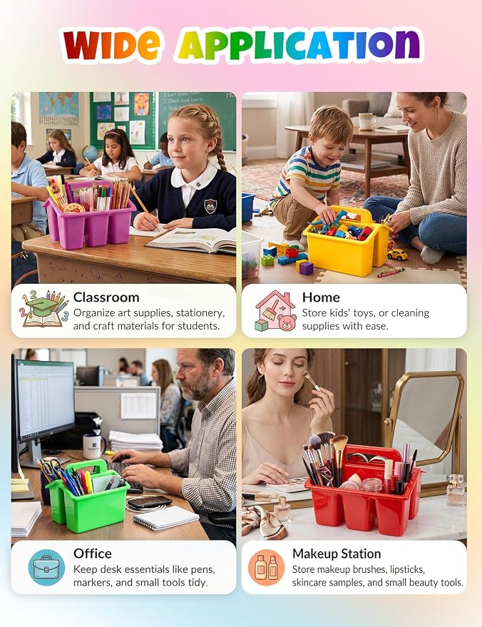 6 Pack Classroom Caddy Organizer with Handle, Table Caddy Classroom | 4 Compartments, 9×6.3×6.7 inches, Thick Durable PP Plastic, Built-in Handle, Stackable Design, for Classroom Desk Office Home