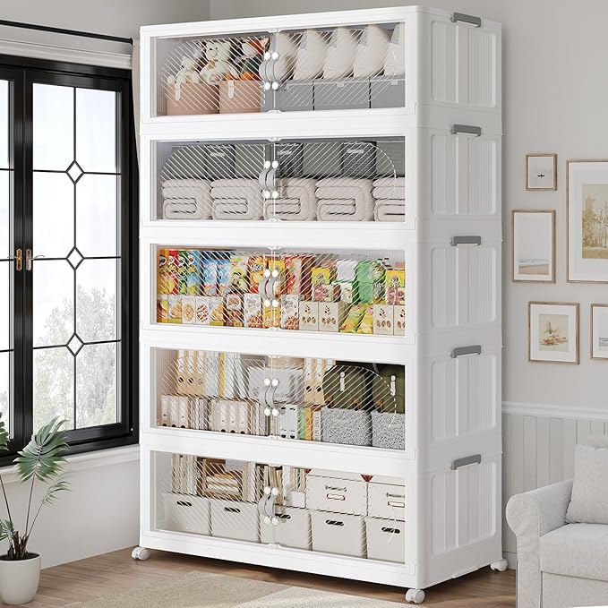 200Gal/800QT 5-Tiers Extra Large Stackable Storage Bins with Lid, Collapsible Cabinet Closet Organizer Plastic Container Box with Wheels Doors Drawers for Living Room Kitchen Office, White