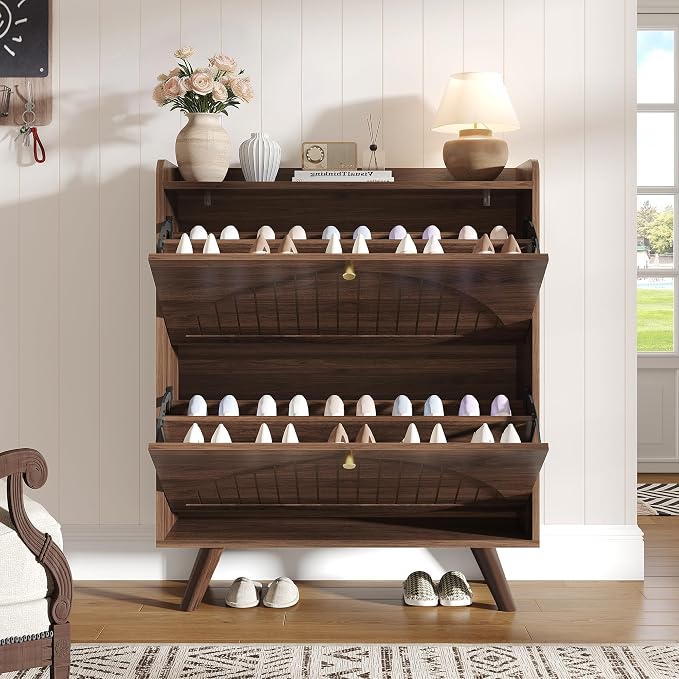 Decofy 37.6” Shoe Cabinet with 2 flip-Down Drawers, 3 Adjustable Levels, Suitable for Entryway, Hallway, Living Room (Walnut)
