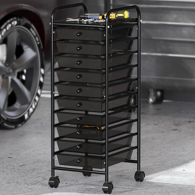 Simple Houseware 10 Drawers Rolling Utility Cart Organizer, Black | 1-Column, 36" Height, Lockable Wheels, for School, Office, Art Craft, and Paper Storage