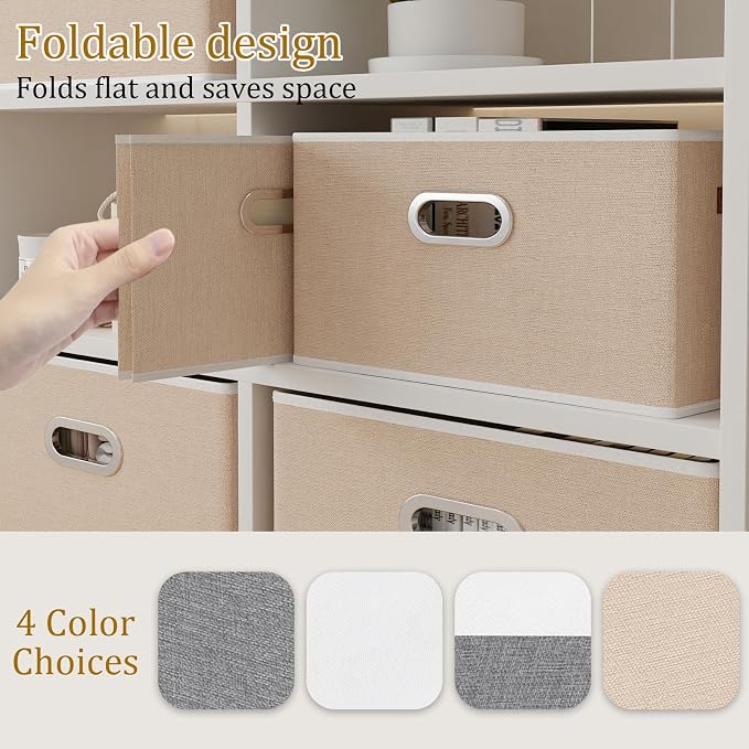 Yawinhe Collapsible Fabric Storage Bins,15.0x9.8x8.3in,Beige,6-Pack | Foldable Storage Baskets for Shelves, Closet Boxes for Organization, Washable Closet Organizer for Towels, Canvas Bins