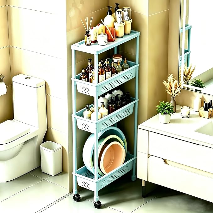 Slim 4 Tier Rolling Storage Cart Narrow Bathroom Organizer on Wheels Blue | 6.7" wide for tight bathroom/kitchen gaps, extra-tall tier, 360° casters, quick-dry shelves, tool-free storage rack