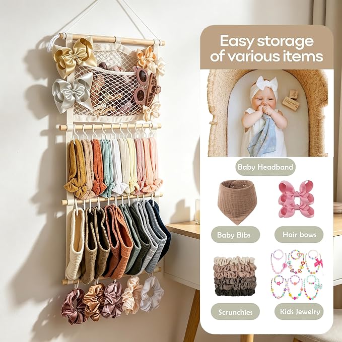 kangaroo Headband Holder Hair Bows Organizer for Baby Girls Nursery Decor | Large Capacity | Wall Hanging-15"L x 30"H | Easy to Grab | Nursery Essentials | Baby's bows&headbands Organizer