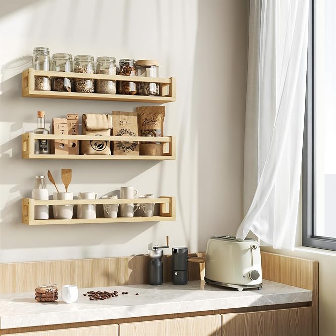 Upgraded Thick Floating Shelves, 24 Inch Solid Wood Bookshelf for Wall, Floating Book Shelves Use as Wall Shelves for Bedroom, Living Room, Kitchen, Books, Spice Rack & Decor - Natural Wood