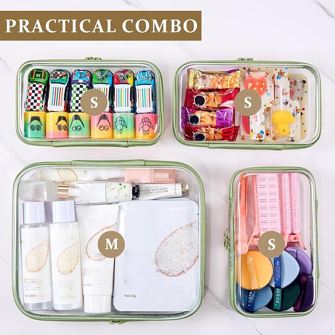 4 pcs Clear Zipper Pouches,Hard Shell Zipper Case,Toiletry Bag for Trave | CLear Diaper Bag, Toiletry Pouch, Travel Organizer, Cosmetic Bag,Toy Storage Bins (M+3S) (Mint Green)