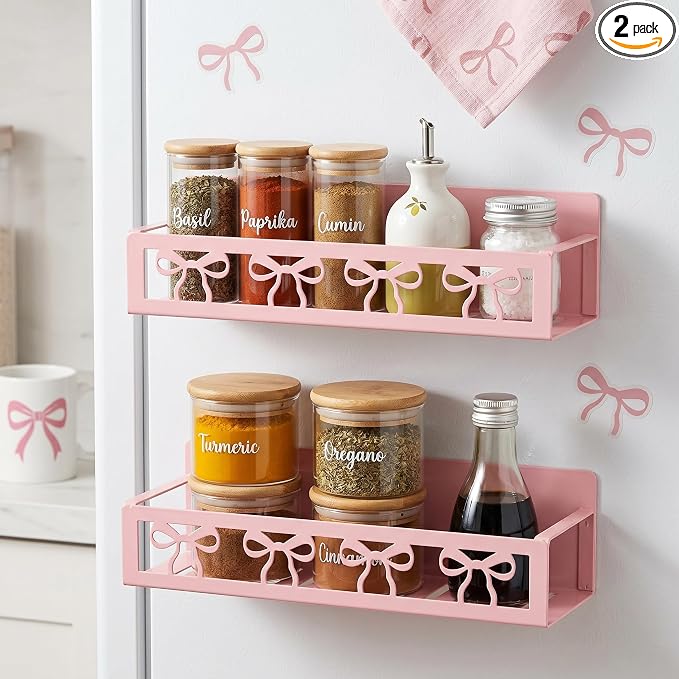 Beeveer 2 Pack Classic Bow Magnetic Spice Rack for Refrigerator Metal Magnet Basket Shelf for Fridge Seasoning Storage Organizers Home Decor Kitchen Accessories (Pink)
