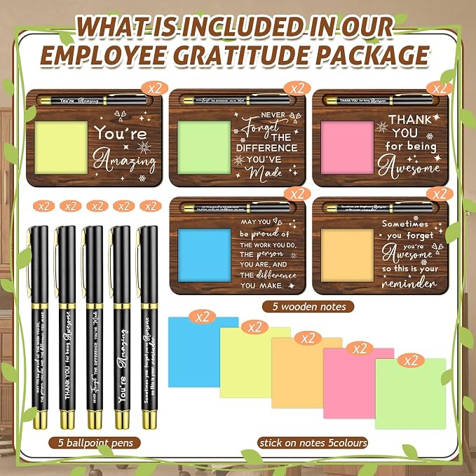 Kosiz 10 Set Back to School Teacher Gifts Bulk Thank You for Being Awesome Wooden Sticky Note Holder with Notes and Ballpoint Pens Thank You Gift for Teacher Team Employee Office Supplies