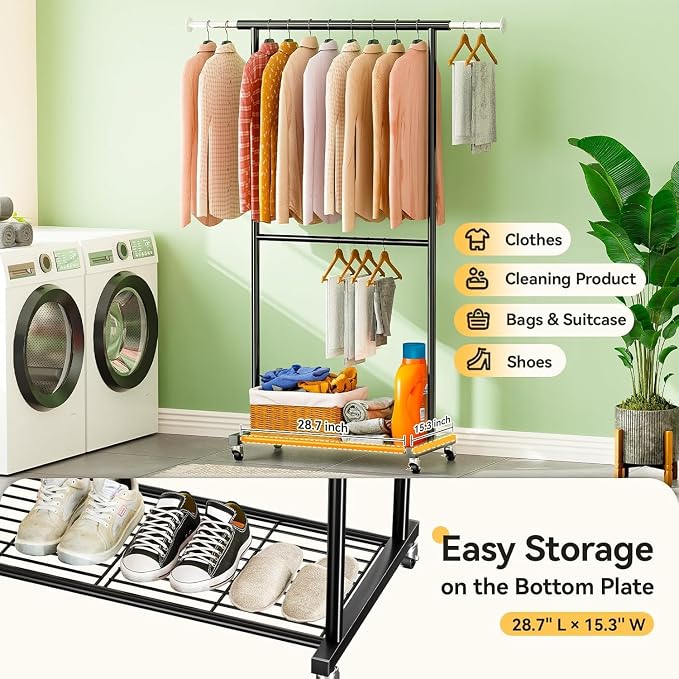 Standard Clothes Rack, Rolling 50“L Clothing Garment Rack with Mesh Shelves on Wheels, Adjustable Portable Wardrobe Rack for Bedroom, Laundry Room, Black