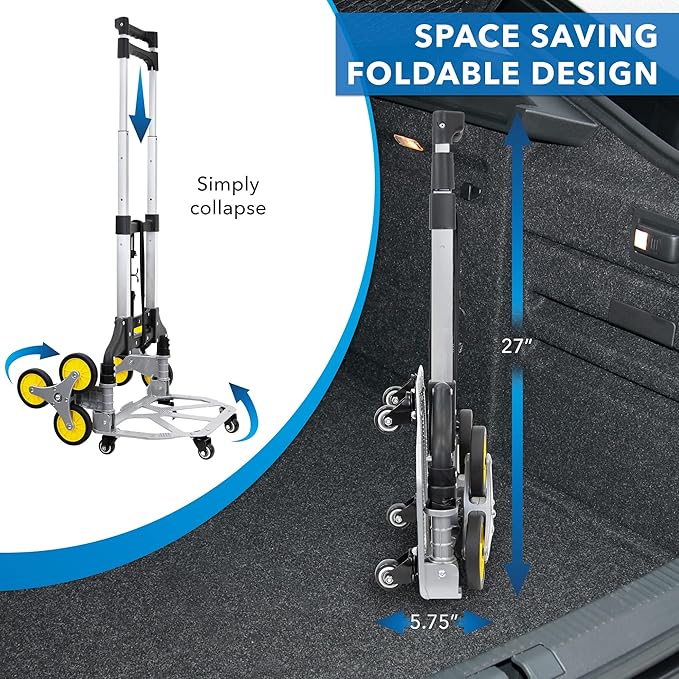 Mount-It! Stair Climber Hand Truck Dolly with Tri-Wheel Design, 154 lb Capacity, Foldable Steel Frame, Adjustable Handle, Rubber Wheels, Pre-Assembled for Stair and Flat Use