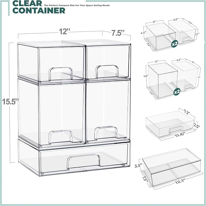 Sorbus Stackable Acrylic Storage Drawers – 2 Small + 2 Tall + 1 Wide – 5 Pack Clear Plastic Organizer Bins for Baby Bottles, Makeup, Bathroom & Vanity, Pull-Out Drawer Design for Kitchen Cabinets