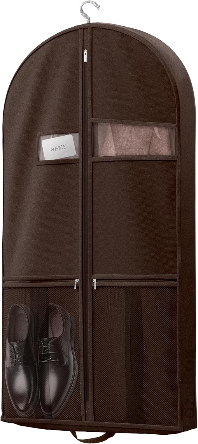 Lazebox 43" Travel Garment Bag with Accessories Zipper Pocket, Heavy Duty Suit Bag for Suits, Tuxedos, Dresses, Coats, Brown, 1 pack