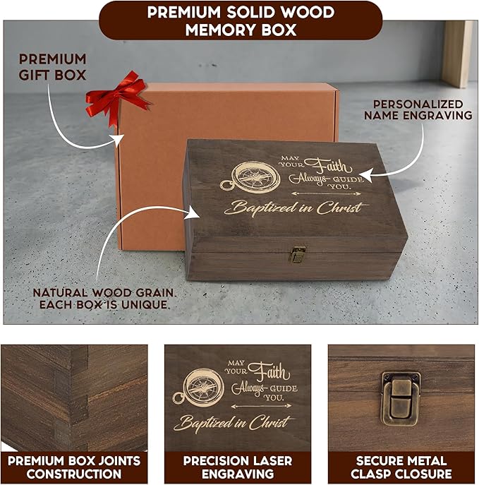 Engraved Baptism Memory Box – Wooden Keepsake Box for Christening Gifts, Baby Dedication, or First Communion – X-Large Size – Dark Walnut Finish –14.12 x 9.5 x 4.5 in