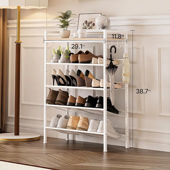 5 Tier Shoe Rack, Shoe Rack for Entryway with Hook, Shoe Organizer with Adjustable Mesh Shelves, Metal Shoe Storage, Closet, Bedroom Living Room Garage