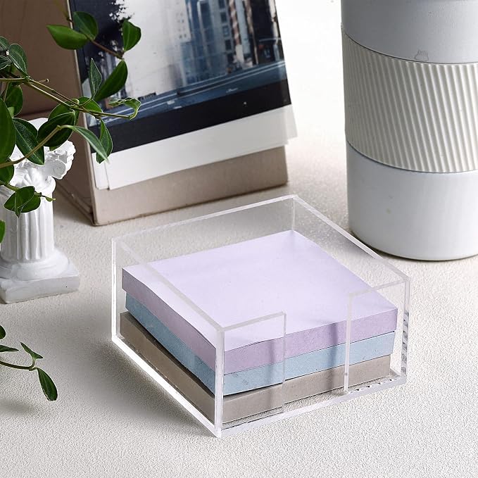 Threehoney 4 Pcs Acrylic Sticky Note Holder 3 x 3 Clear Crystal Acrylic Note Dispenser Notepad Memo Holder Office Desk Organizer Accessories Sticky for Dorm Room Office Desk