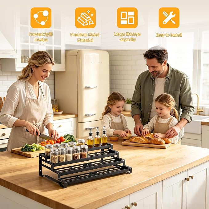4-Tier Spice Rack Organizer, 13"-21.5" Expandable Spice Organization Shelf, Metal Seasoning Organizer for Kitchen Countertop or Pantry, Slip-Resistant Design for Jars and Bottles, Black