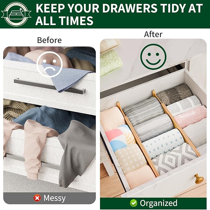 Dunruz 6 Pack Bamboo Drawer Dividers 2.6" High,Adjustable Spring Loaded Clothes Drawer Organizers for Kitchen, Dresser, Bathroom, Bedroom and Office