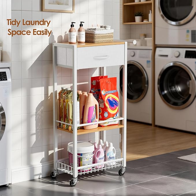 Lewondr Bathroom Organizer and Storage Cart with Drawer, 3-Tier Narrow Rolling Utility Cart with Wood Top and Wheels for Small Spaces, Laundry, White