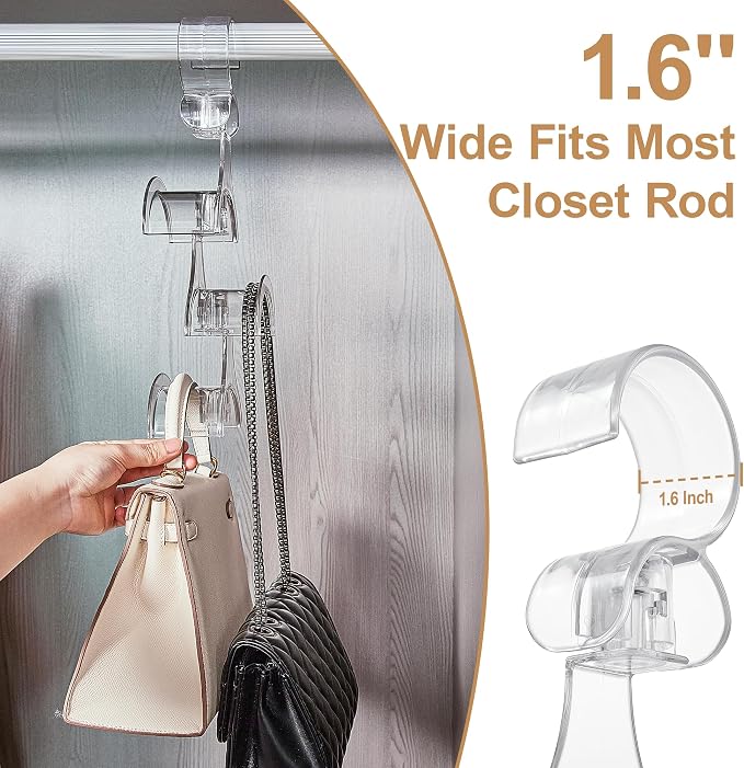 Cozcty Purse Hanger Closet, 2 Pack Clear Purse Organizer for Closet, Heavy Duty Bag Holder with 6 Hooks, Space Saving Hanging Bag Organizers and Storage for Handbags, Totes