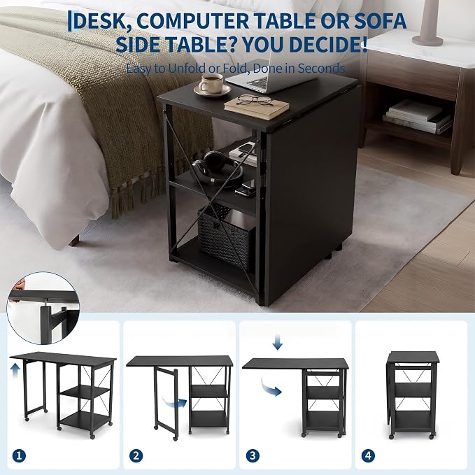 Garvee Folding Desk with Wheels, 31.5" Foldable Computer Desk with Storage Shelf, Space Saving Rolling Home Office Desk for Small Spaces, Portable Writing Table with Side Organizer, Black