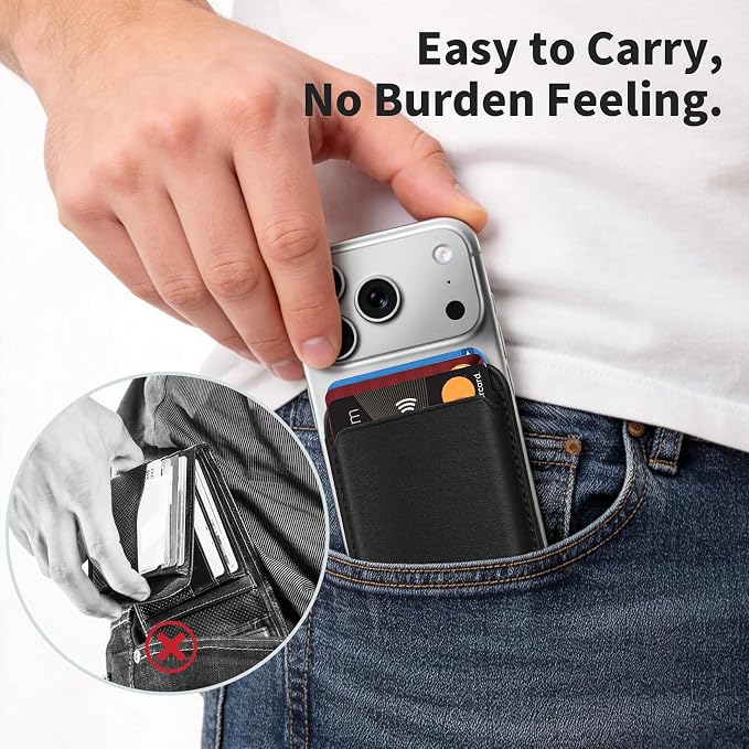 Magnetic Wallet Phone Card Holder for Phone Case with Mag-Safe, Stronger Magnetic RFID Leather Phone Wallet Stick on Series of iPhone 17/16/15/14/13/12 and Pro/Promax, Classic Black