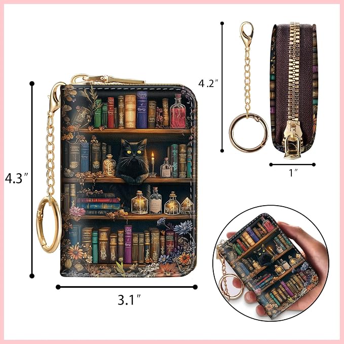 Blusabaca RFID Credit Card Holder Small Women Travel Wallet, Bookshelf Cat | Removable Keychain, Case with Zipper, Vegan PU Leather, Cash Coin Pocket, Business Accordion Purse, Ladies Female Gift