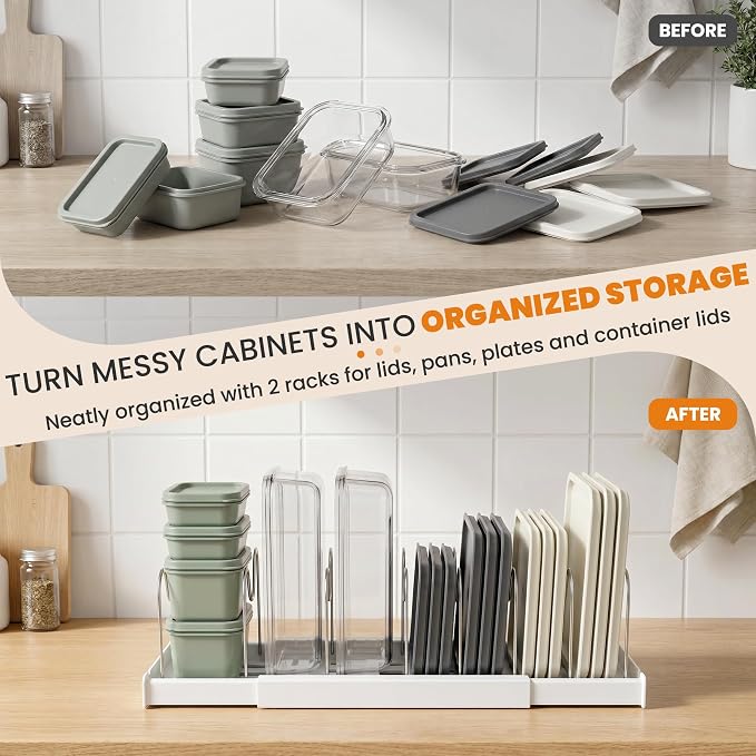 2 Pack Expandable Pot Lid Organizers with 10 Adjustable Dividers | 12.6-22.4 Inch Pots and Pans Organizer Rack Under Cabinet, Countertop, Pan Lids, Bakeware, Food Container Lids, White