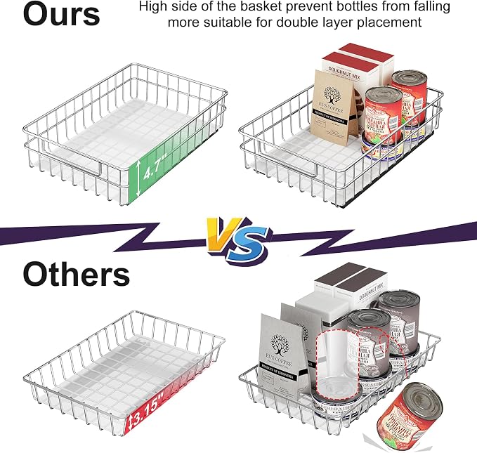 Pull out Cabinet Organizer, Stainless Steel 4-Pack Slide out Drawer with Silent Full-Extension Slides, Adhesive Roll out Can Spice Storage Basket Shelf Rack for Pantry, Kitchen, Bathroom, Home Closet
