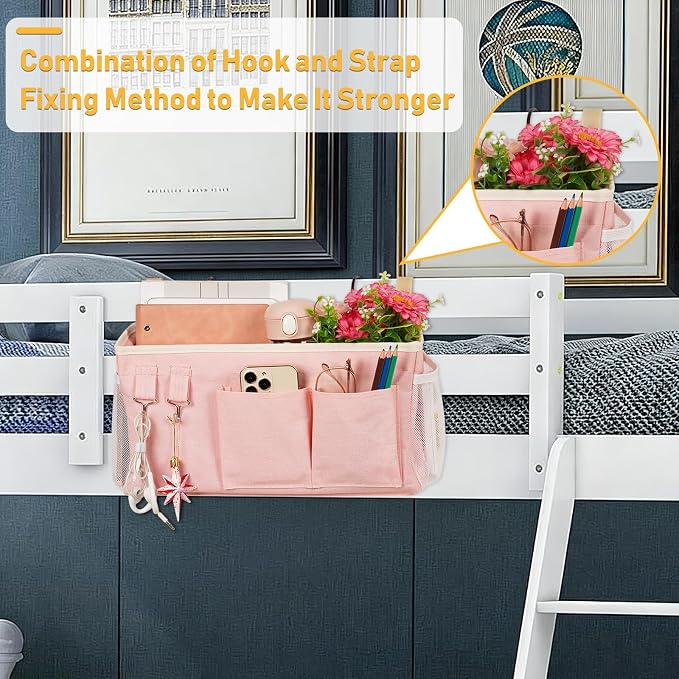 Lilithye Bedside Caddy Bedside Organizer Bedside Storage Caddy with Fixed Straps and Water Bottle Holder for Home College Dorm Bunk Bed Hospital Bed Crib Bed Rails (New Pink)