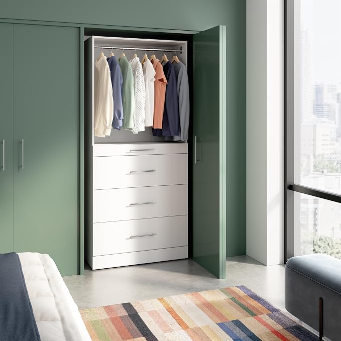 Bestar 36W x 16D Modular Closet Organizer System Tower, Reach-in Closet or Walk-in with Shelves and 4 Drawers, Slab Style, Florence Collection, White