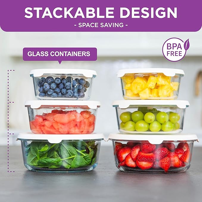 HOLDN’ STORAGE Vacuum Food Storage Containers, Set of 6 Glass Containers & Manual Pump, Keep Food Fresh Longer, BPA-Free Glass, Leak-Proof, Ideal for Meal Prep, Marinating