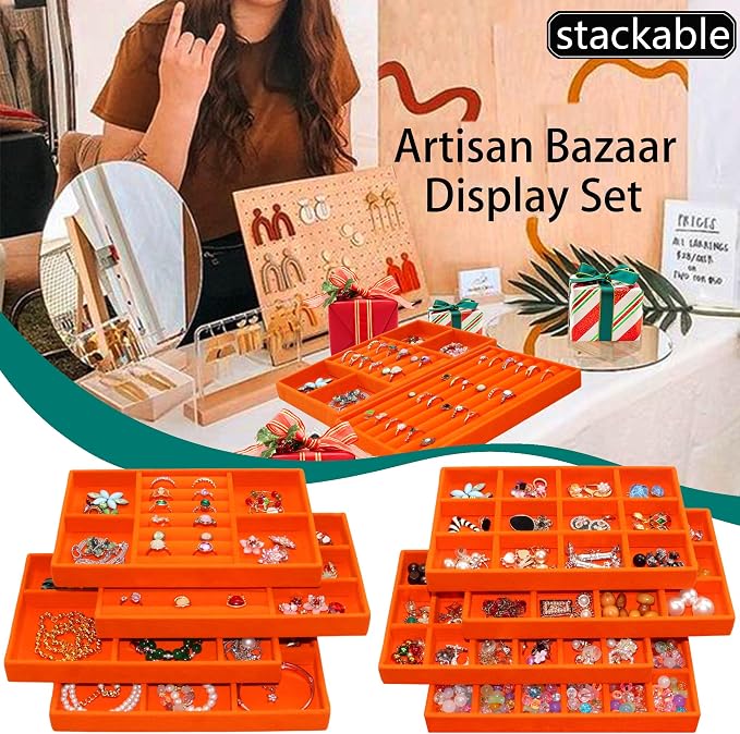 Jewelry Organizer Tray Stackable Velvet Jewelry Trays Drawer Inserts Earring Ring Necklace Organizer Display Case