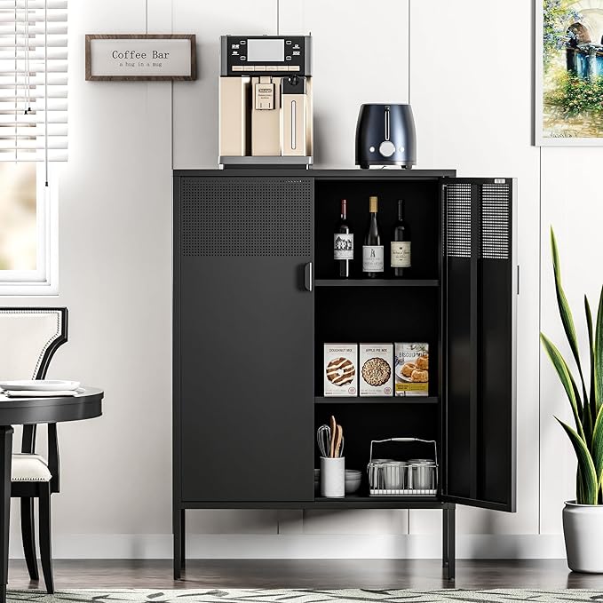 Ustamio Black Metal Storage Cabinet, Metal Locker Storage Cabinet with Doors and Shelves, 3 Tier Steel Office Storage Cabinet, Metal Sideboard for Home, Office, Kitchen and Coffee Bar