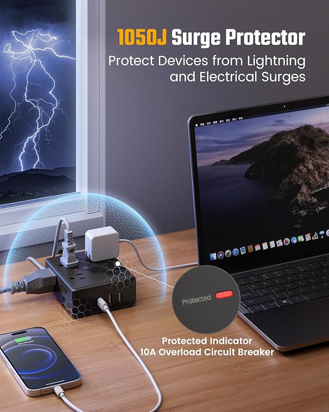 SUPERDANNY Extension Cord,Flat Plug Surge Protector Power Strip,15Ft | 8 AC & 4 USB Ports (2 USB C),Surge Protector with 1050J,Desk Charging Station for Home Office,College Dorm Room Essentials