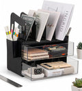 LALOBLUE Acrylic Desk Organizer with Drawer and Vertical File Holder, Desk Organizers and Accessories, Multi-Functional Office Supplies Organizer for Home or Work Desk, Black