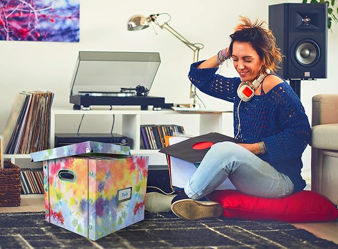 Snap-N-Store Vinyl Record Storage Box - Pack of 1-13.2 x 12.625 x 12.5 Inch LP Holder with Lid for 12-inch Records - Crate Holds up to 75 Vinyl Albums - Tie Dye