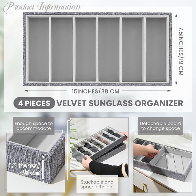 Juexica 4 Pcs Velvet Sunglasses Organizer Tray 6 Grid Sunglass Organizer Velvet Tray Stackable Glasses Display Case for Women Glasses Jewelry Display Watch (Gray)