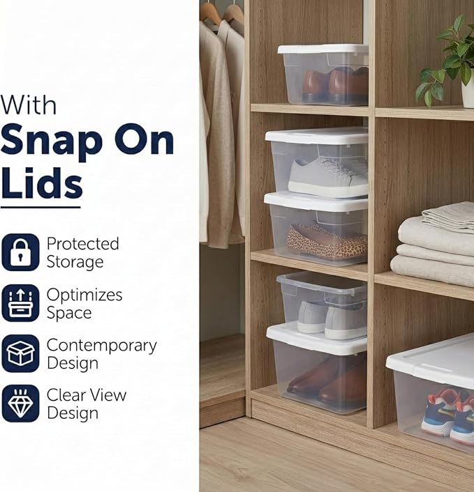 Storage Bins with Lids, 10 Pack 6 Qt Clear Plastic Stackable Shoe Boxes, Lid Organizer for Garage, Craft Supplies and Closet Storage, White