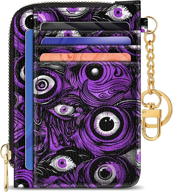 GIANCOMICS Slim Wallet Credit Card Holder Women, Evil Eye Rfid Blocking Small Card Case, Keychain Thin Pocket Curved Zipper Wallet, Travel Card Holder PU Leather ID Window, Ladies Female Gifts