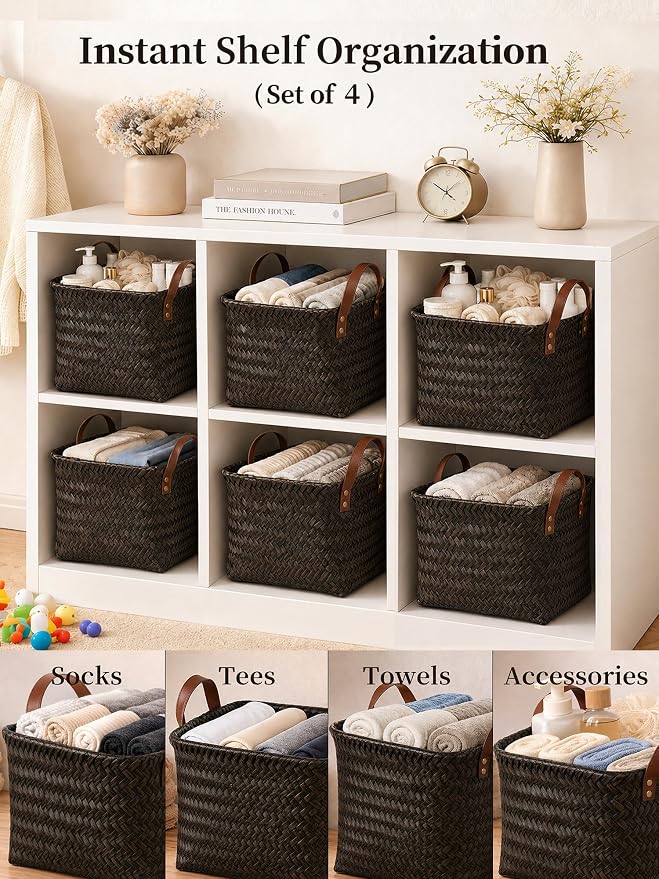 Hand Woven Baskets for Storage, 4Pcs Water-Resistant Wicker Baskets, Dark Gold Wicker Storage Baskets for Shelves, Large Basket with Handle for Organizing, Clothes, Laundry, Blanket - Square