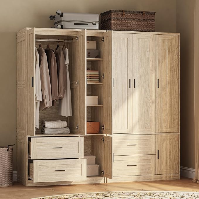 ANCTOR 70.6 Inch Armoire Wardrobe Closet with Drawers (Light Oak) | Hanging Rod, Drawers, Adjustable Cube Shelves, Closed Cabinet Organizer, Modern Bedroom Clothes Cabinet