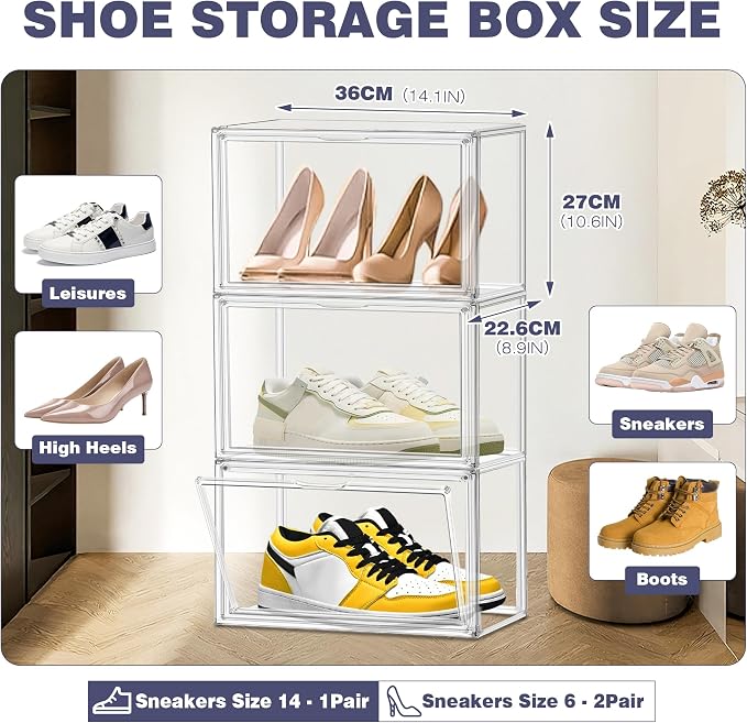12 Pack Clear Acrylic Shoe Storage Box, Size 14 Shoe Organizer | Stackable Shoe Organizer for Everyday Footwear, Magnetic Side Door, Dustproof Closet Storage Container
