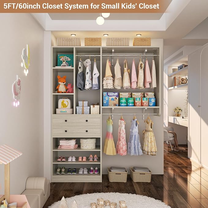 Besiost Closet System - 60"/92" Closet System with Drawers, 5FT/7.67FT Closet Organizer System with Reversible Hanging Shelving Greige Oak