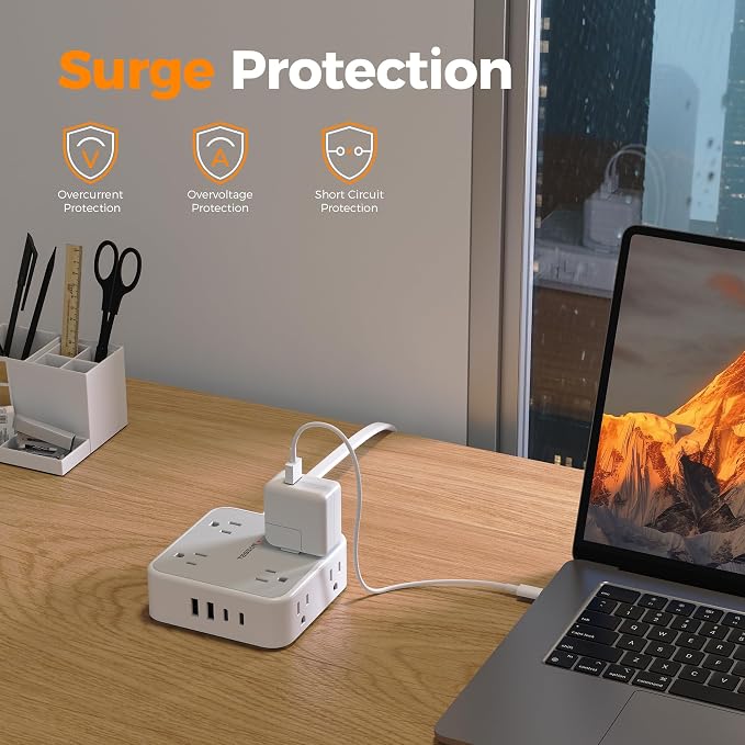 TESSAN Surge Protector Power Strip, 5 Ft Flat Plug Extension Cord with 4 USB (2 USB C) 8 Outlets, 900J Protection, 3 Sided Outlet Extender with Power Switch for Office, Dorm Room, Grey