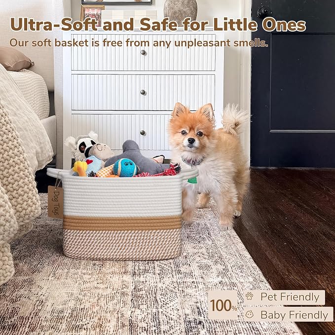 Goodpick Woven Storage Baskets for Organizing, Rectangle Cotton Rope Basket for Dog Toys Books Magazines, Stylish Gift Basket for Living Room Home Decor, 13" x 10" x 9", White & Camel Mix