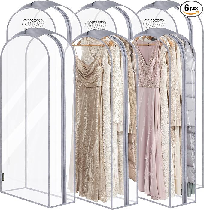 BALEINE 60'' Clear Garment Bags, 10.5'' Wide PEVA Suit Bag for Closet Clothes Dresses Suit Coats Storage (Clear, 6PK)