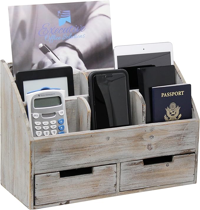 Executive Office Solutions Vintage Rustic Wooden Office Desk Organizer & Mail Rack For Desktop, Tabletop, or Counter - Distressed Torched Wood-Store Supplies, Desk Accessories, Mail – Barnwood (WO3)